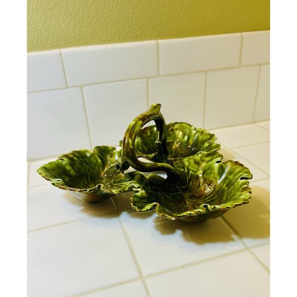 Vintage MCM Style 3 Leaves Handled Candy Dish Greens Browns Mullins Ceramics‎ KY - Picture 4 of 7